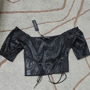 NWT Maniere De Voir Black Satin Off-Shoulder Crop Top